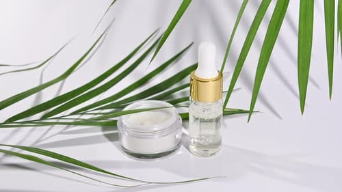 Serum and Cream with Palm Leaves on White