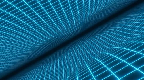 Vuele a través de Synthwave de estilo retro de los 80, rejilla brillante, ondas lineales que fluyen, 4K