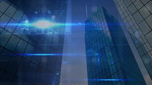 Digital Data Overlay on Modern Corporate Buildings Animation
