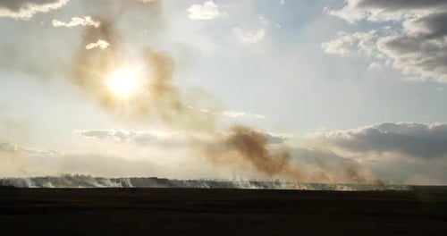 Large Scale Fire In The Field Burning Dry Grass On A Background Of Sky And Sun