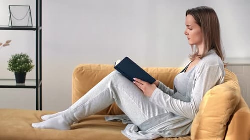 Woman Reading Book on Comfortable Sofa at Home