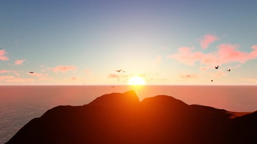 Beautiful Sunrise or Sunset Over Ocean with Mountains and Flying Birds