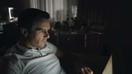 Closeup Scared Man Finding Shocking News at Night Office