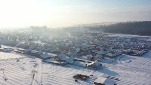 Aerial View Of City With Snow Covered Roofs Houses Neighborhood