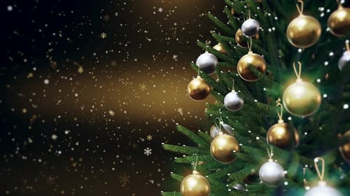 Animated Christmas Tree with Glowing Ornaments and Falling Snowflakes Background