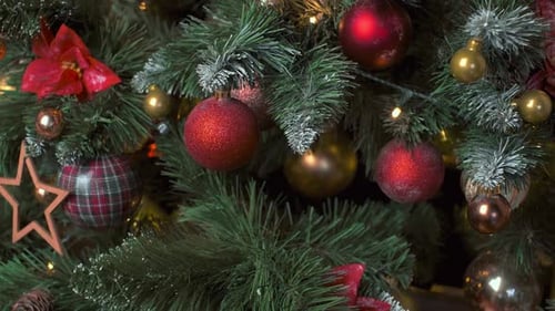 Festive Ornaments and Decorations on Christmas Tree