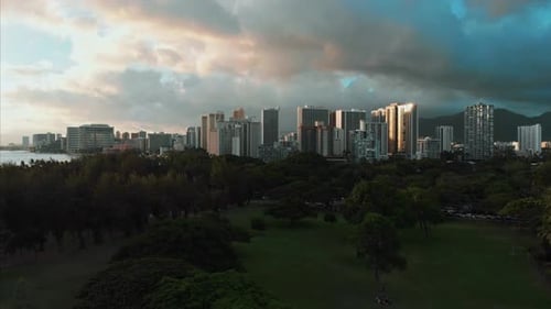Aerial drone footage of Honolulu, Hawaii.
Beautiful real estate, buildings in the city.
Palm trees