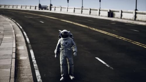 Astronaut in Space Suit on the Road Bridge