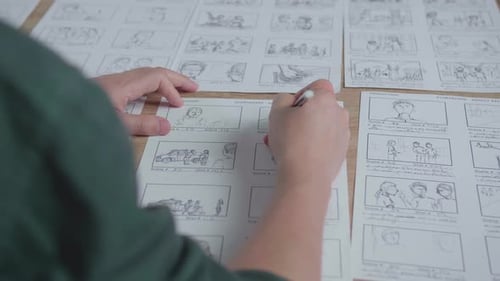 Hands Man Drawing Storyboard Animation Comic Cartoon, Design Creative Scene Layout At Studio