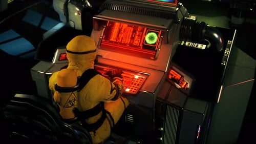 Scientist in Hazmat Suit Working on Futuristic Medical Console