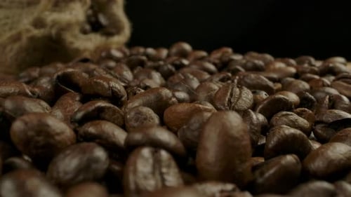 Close-up of Roasted Coffee Beans and Hessian Sack