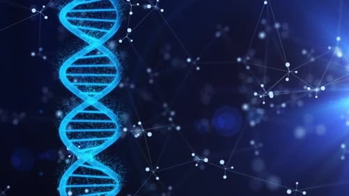 Desoxyribonukleinsäure-DNA und molekularer Plexus auf dunkelblauem Hintergrund