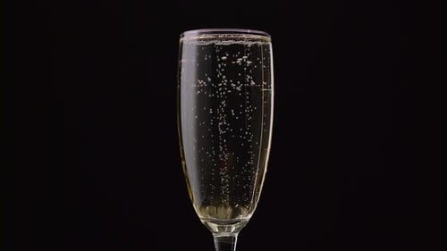 Glass of Champagne with a Rotating Bubbles Inside. Black Background. Close Up