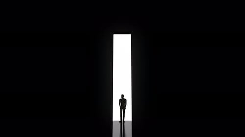 Abstract man in dark concrete interior with glowing doorway