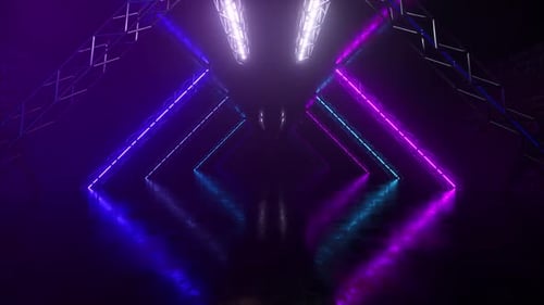 Abstract Neon Background Flying Forward Through the Corridor Glowing Pink Blue Lines Appear