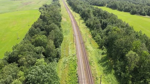 Eisenbahn durch grüne Graslandschaft, Luftaufnahme