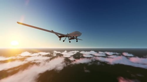 3D UAV Drone Flying Above Clouds at Sunset