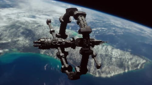 Futuristic Space Station Orbiting Earth 3D Animation