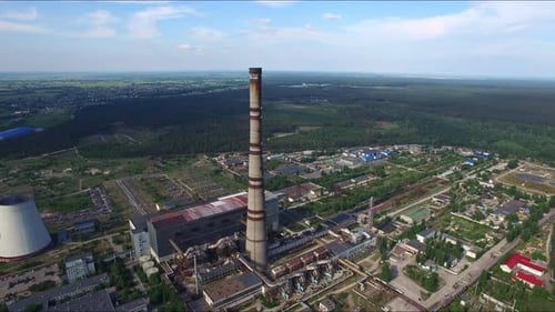 Industrial Chimneys on Power Plant. Aerial View Chimneys on Chemical Factory