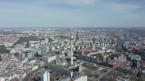 AERIAL: Wide View of Empty Berlin, Germany Alexanderplatz TV Tower with Almost No People or Cars on