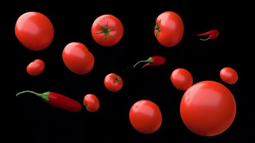 Floating Red Tomatoes and Chili Peppers 3D Animation