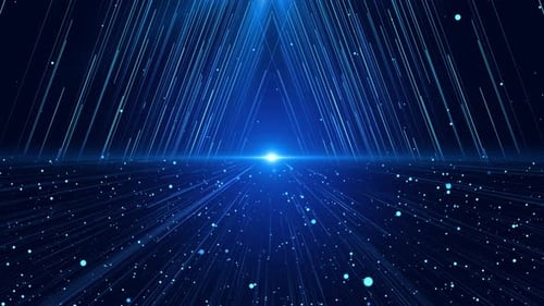 Blaue Technologie-Wellenteilchen sind eine spektakuläre Bewegung, blaue Lichtpartikel steigen auf.