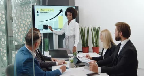 Woman Reporting about Business Concept of Joint Project in Front of Her Colleagues