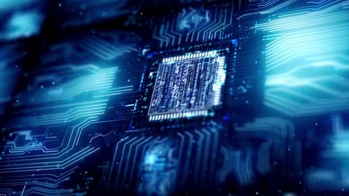 Futuristic Digital Circuit Board with Glowing CPU and Data Stream