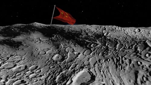 Realistic Moonscape with Chinese Flag and Earthrise Animation