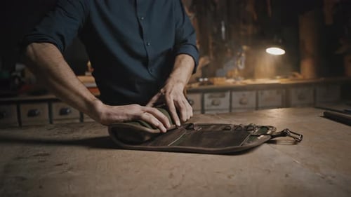 Tracking Shot of Unreconnaissable Man Tailor Rolling Étui en cuir fait main pour outils chez Creative