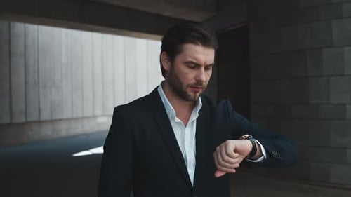 Business Man Checking Time on Wristwatch, Male Employee Standing on Street
