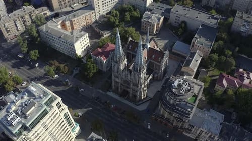 Drone Flying Over Roman Catholic Church of St. Nicholas Also a National House of Organ and Chamber