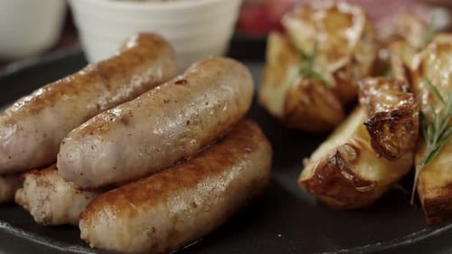 Close-up of Roasted Sausages, Potatoes, and Herbs