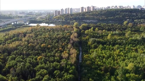 Views City's Outskirts Bridge Over River Green Forest Sunset Bird'seye View