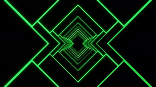 Tunnel of Green Led Neon Squares on Dark Background Seamless Animation