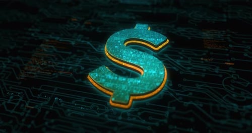 Animated Digital Dollar Sign on Circuit Board Background