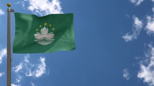 Realistic 3D Macau Flag Waving Against Blue Sky