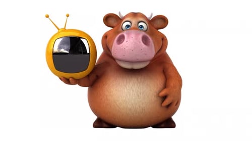 Animated 3D Cartoon Cow Character Holding Retro TV Pointing