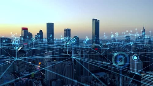 smart Connected city skyline. Futuristic network concept, city Technology.