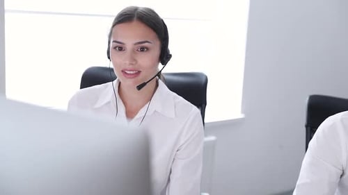Call Center. Woman Operator In Headset On Hotline Support