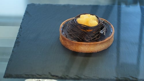 Chocolate cake decorated in shop window