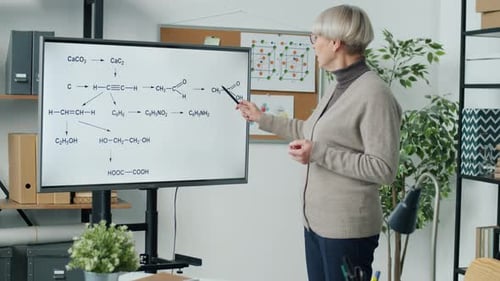 Woman Explains Chemistry Formulas on Monitor