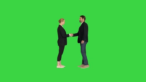 Businessman And Businesswoman Shaking Hands on a Green Screen Chroma Key