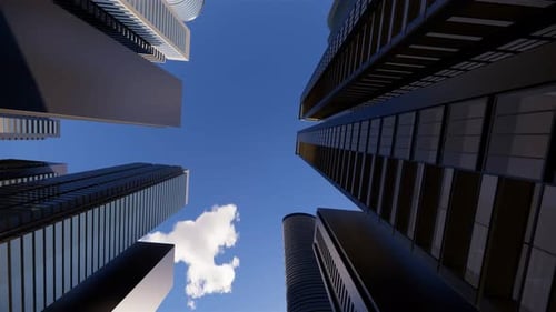 Render 3D de una ciudad brillante abstracta con rascacielos. Formas simples de edificios
