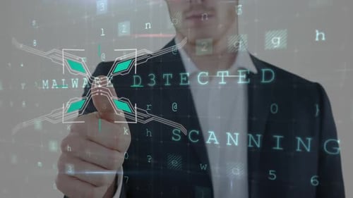 Animation d'un homme caucasien utilisant son pouce pour toucher un écran interactif virtuel