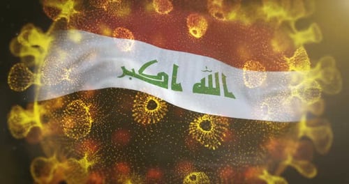Drapeau irakien avec microbe de coronavirus centré sur 4K