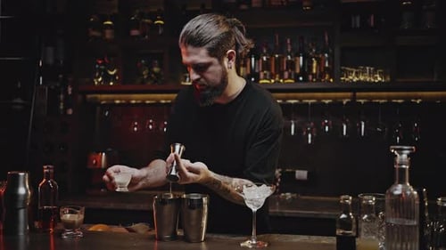 Bearded Bartender Mixing Drinks in Dark Bar