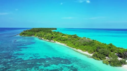 Aerial drone shot landscape of idyllic island beach lifestyle by blue green sea with white sand back