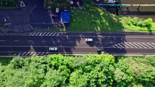 Auto fährt eine Asphaltstraße entlang und überquert den riesigen Wald