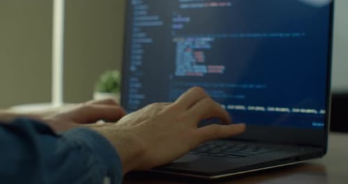 Closeup Coding on Screen, Man Hands Coding Html and Programming on Screen Laptop, Development Web